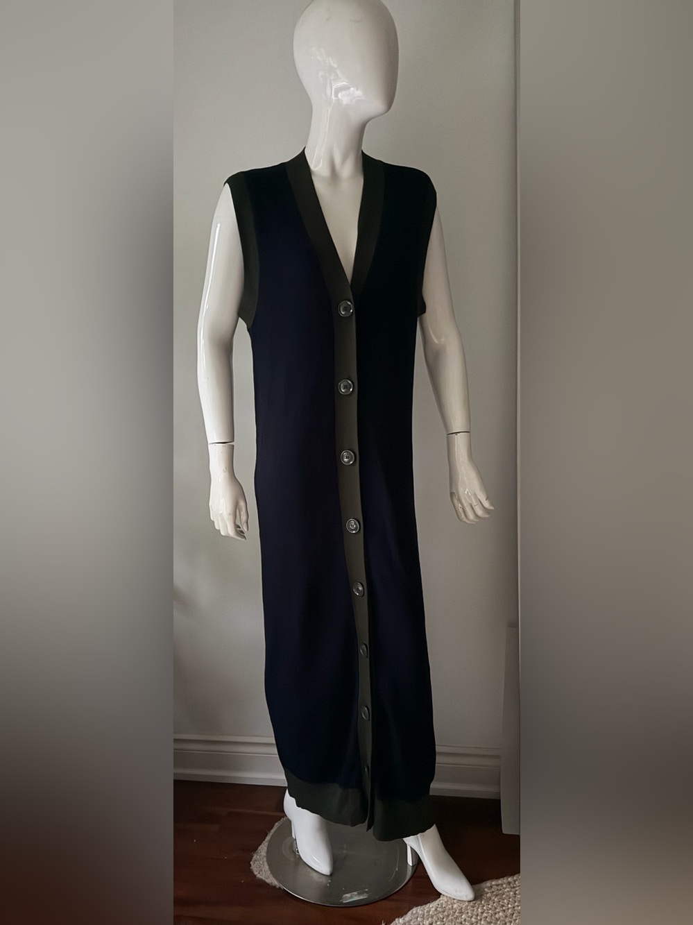 Mima Rosso New York Navy Olive Long Button Front Knit Vest Dress Size S jersey